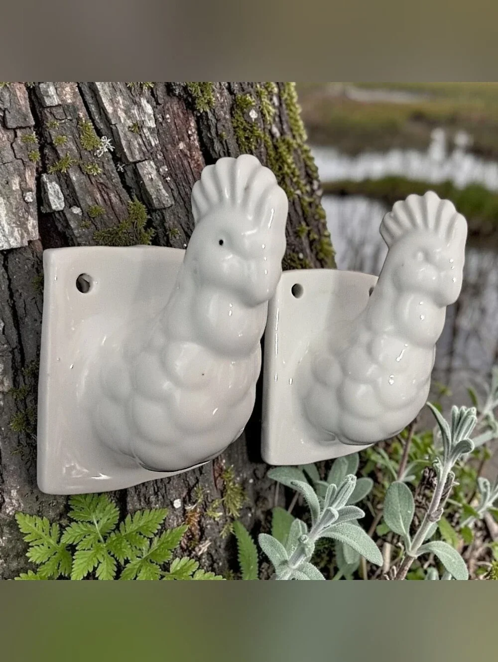 2 Vtg Rooster Wall Hooks Ceramic White Farmhouse Chicken Coat Hat Towel Rustic